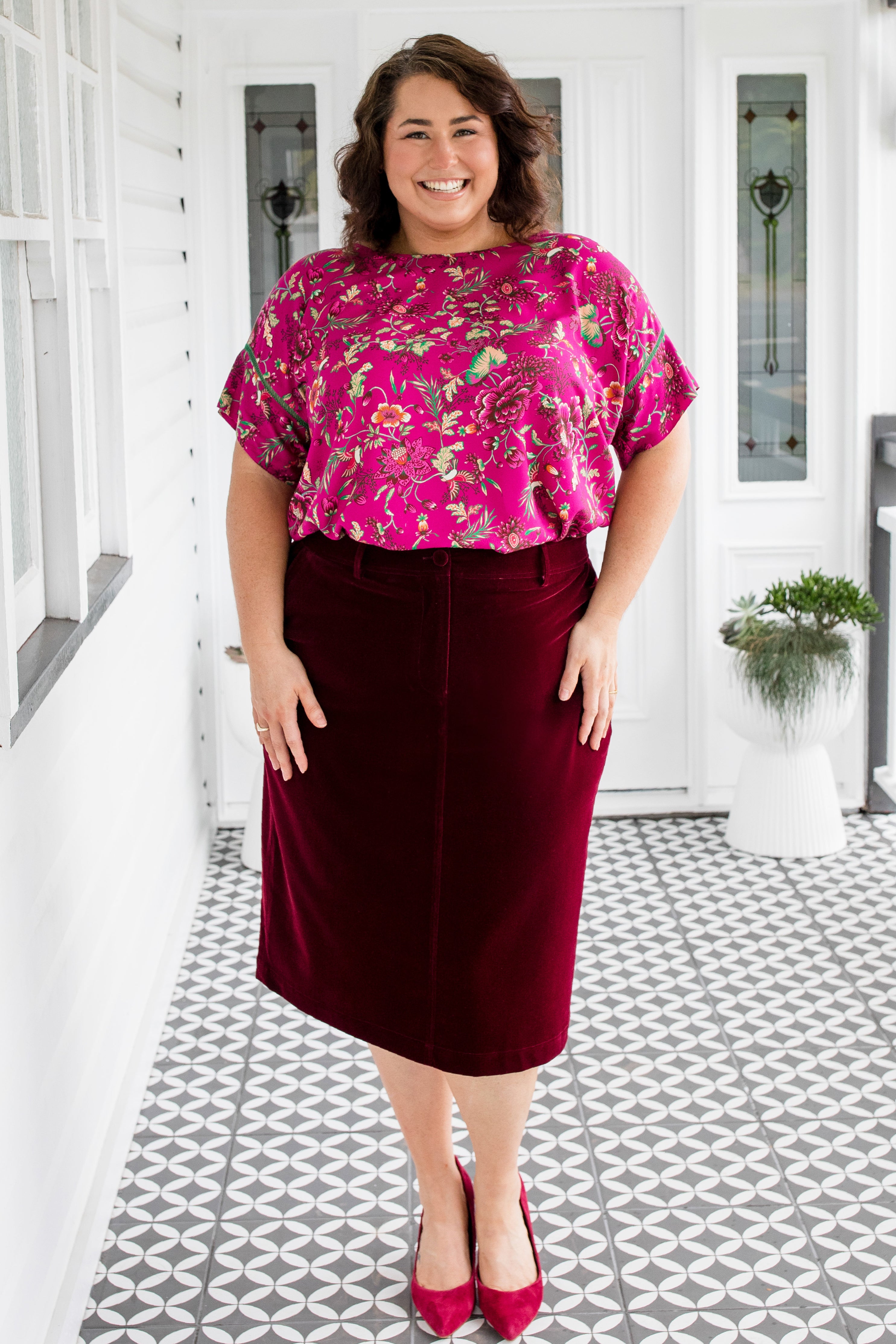 Bianca Skirt in luxe wine velvet by Maiocchi – elegant skirt style.