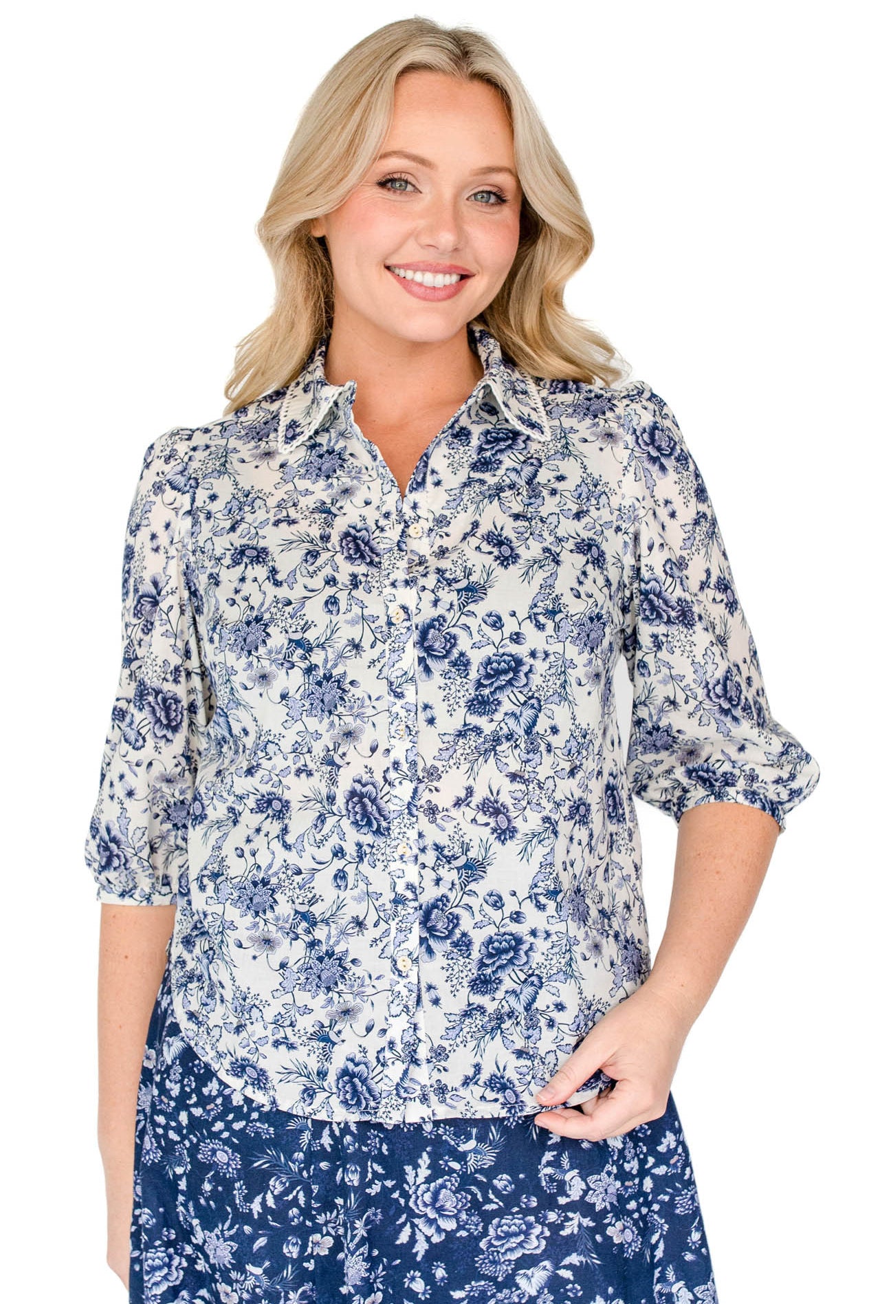 Maiocchi's classic fitted blouse, featuring exclusive hand-painted Ivory Swoon print.