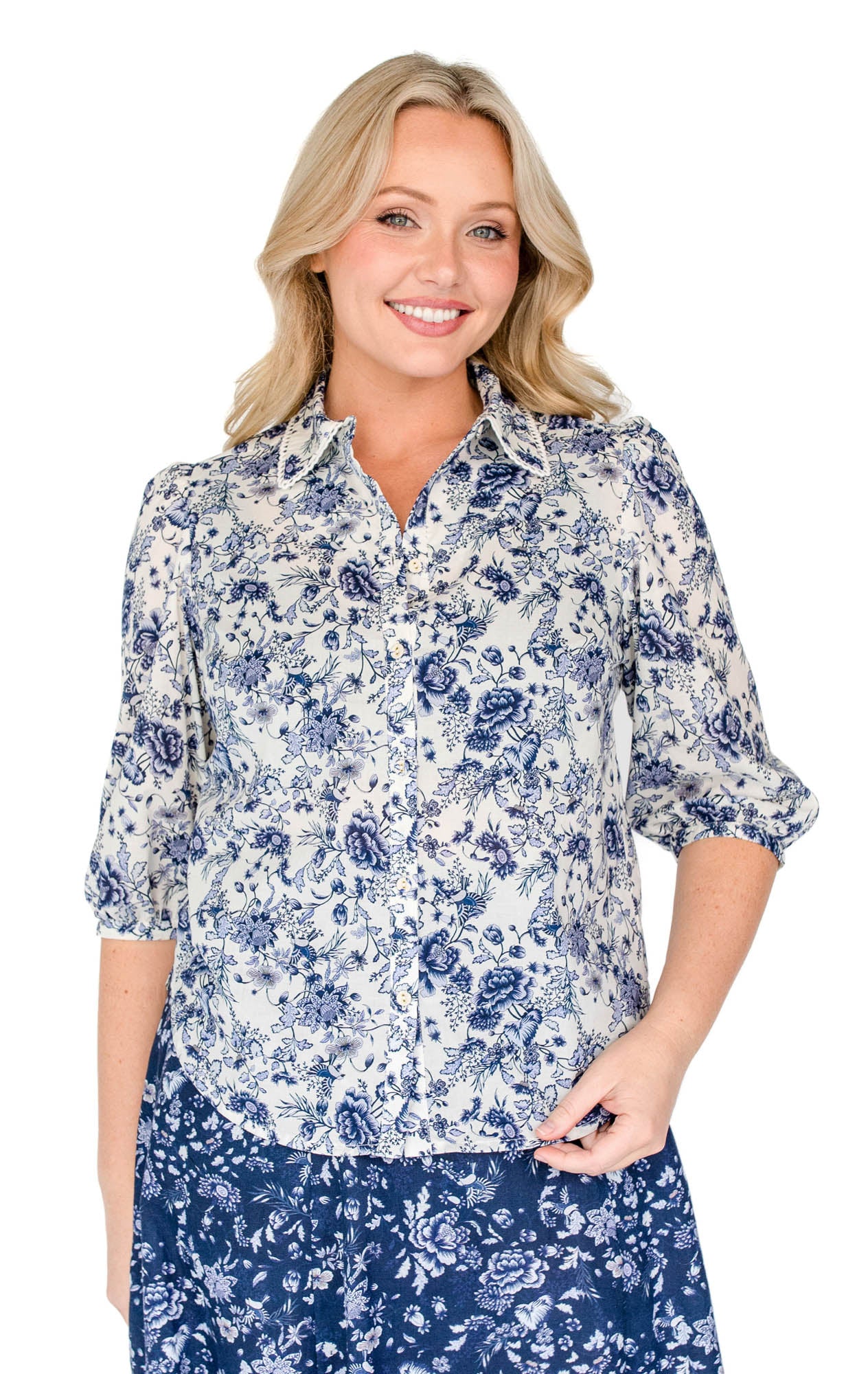 Maiocchi's classic fitted blouse, featuring exclusive hand-painted Ivory Swoon print.