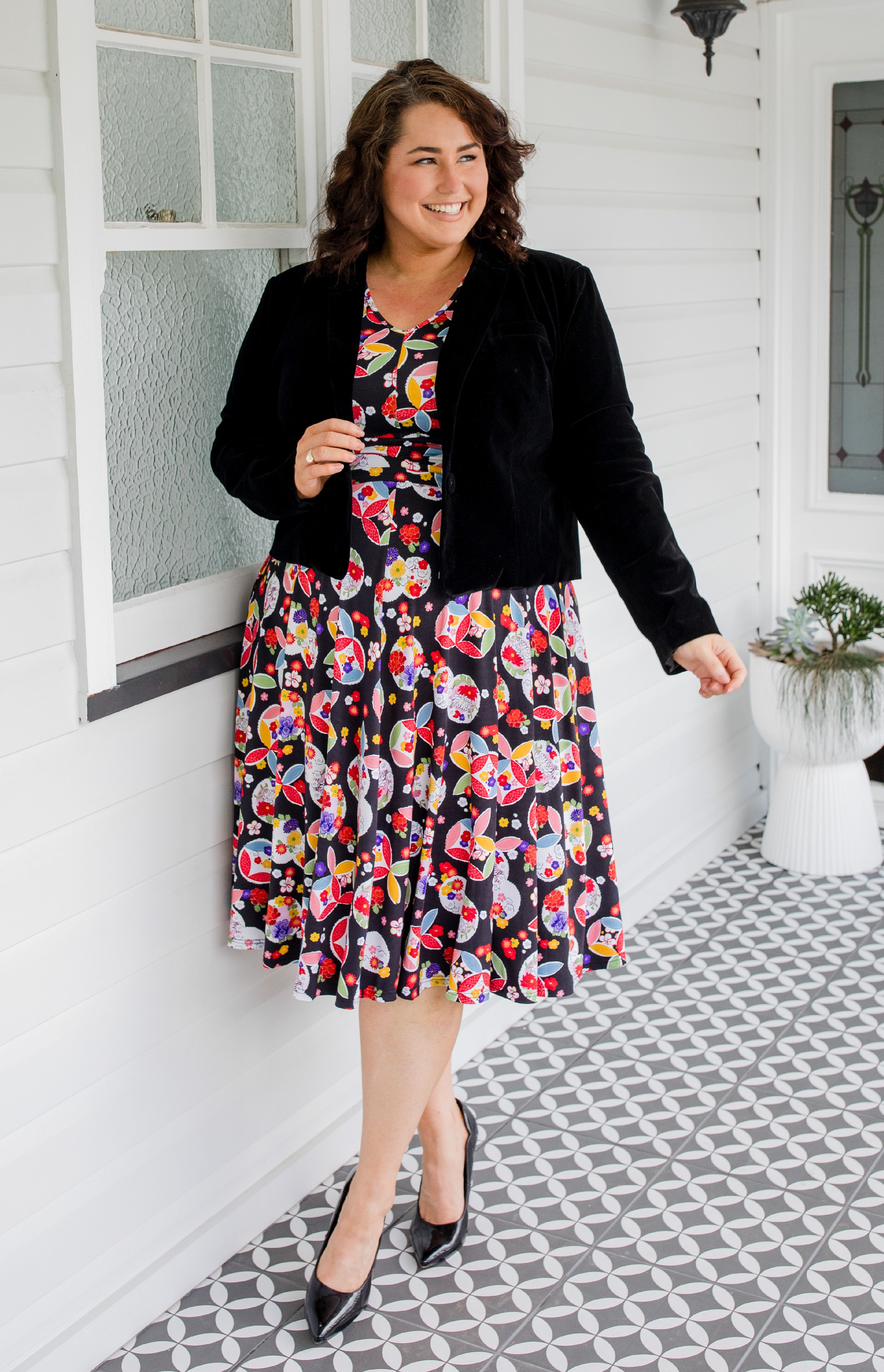 Signature Cleo style dress in oriental Days Like These print by Maiocchi.
