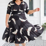 Cleo Dress bamboo fabric - curved tucks at waist and full skirt in Poetry in Motion print