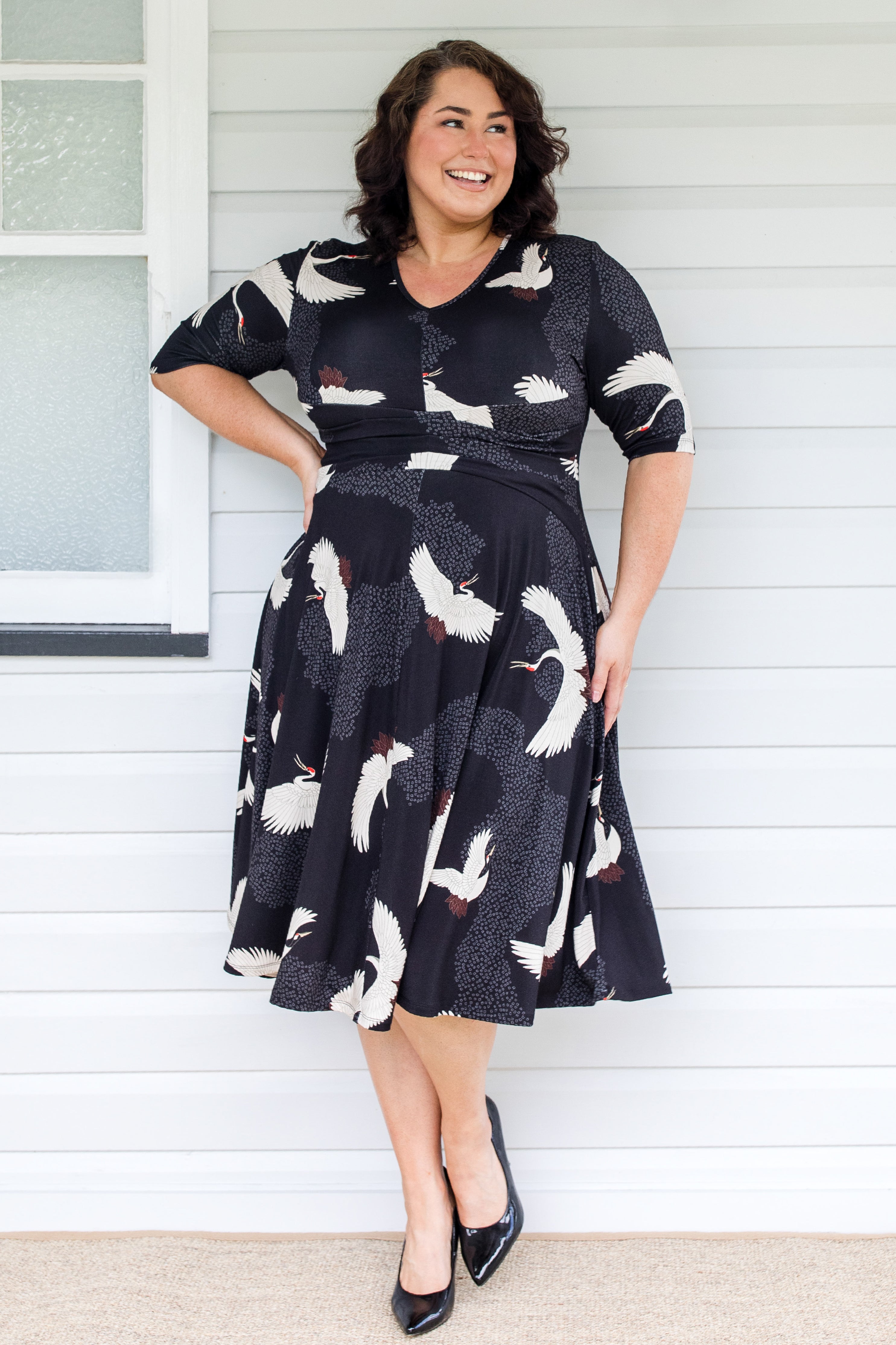 Maiocchi Cleo Dress in Poetry in Motion print – flattering hourglass silhouette with soft buttery bamboo fabric