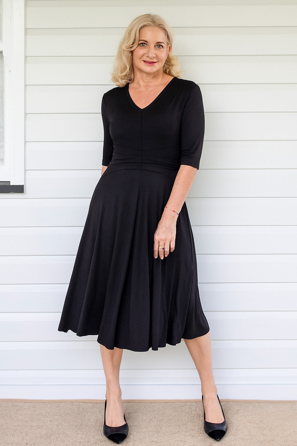 Cleo Dress in black, made in buttery ponte fabric - structured yet soft texture