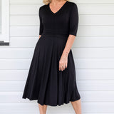 Cleo Dress in black, made in buttery ponte fabric - structured yet soft texture