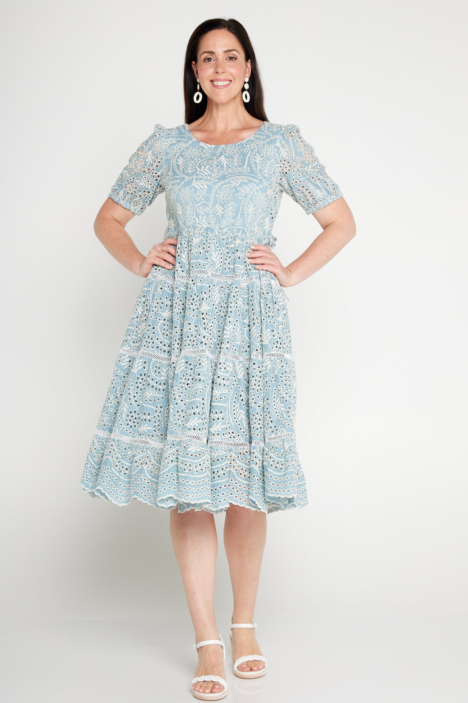 Eloise Dress in blue lace – feminine fit-and-flare cotton lace frock by Maiocchi