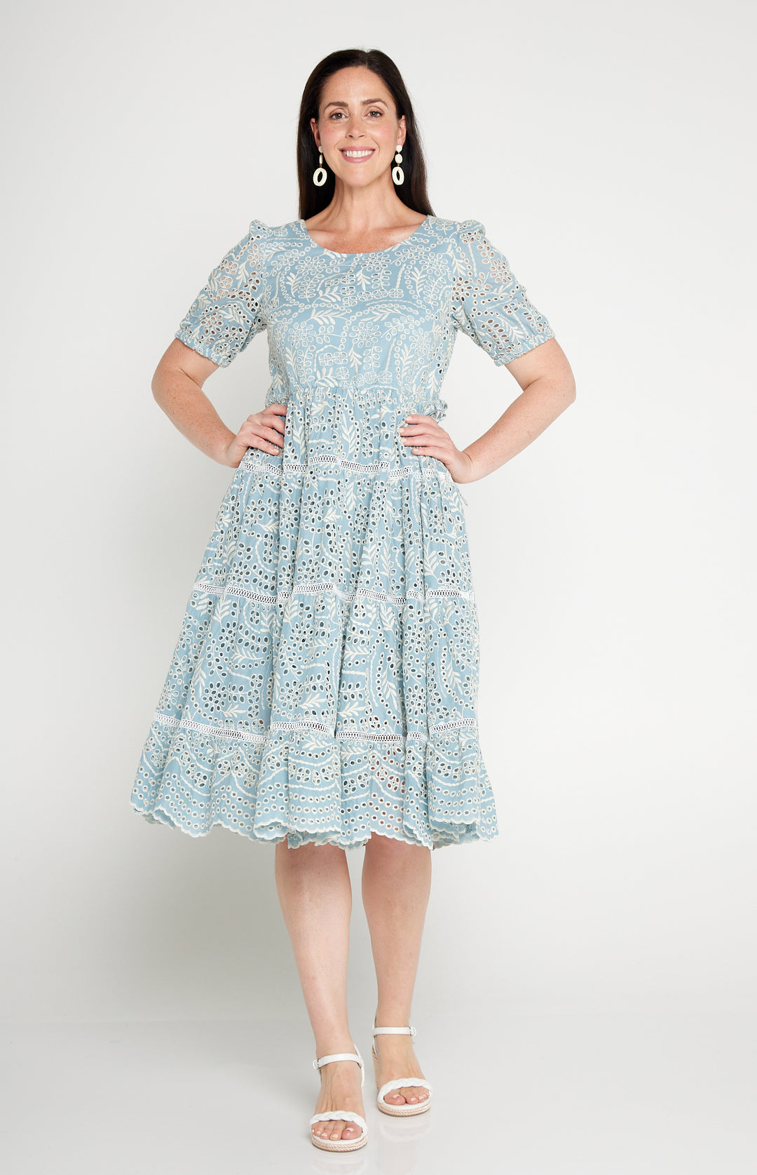 Eloise Dress in blue lace – feminine fit-and-flare cotton lace frock by Maiocchi