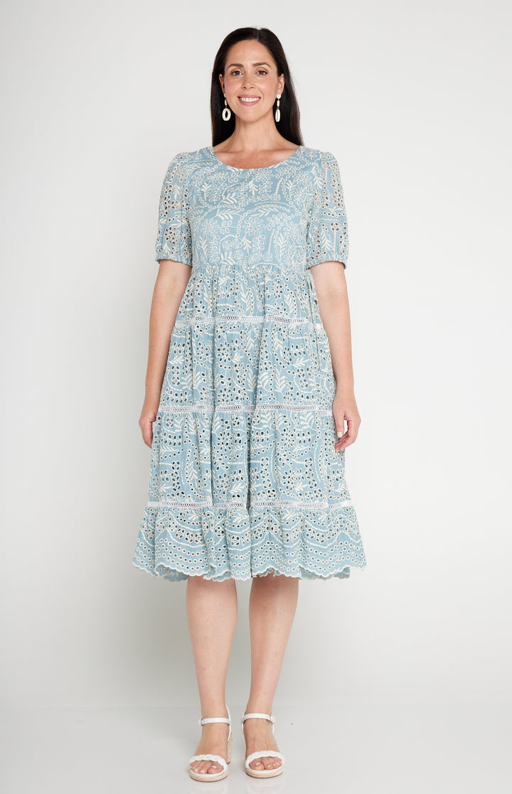 Blue lace occasion dress with cotton voile lining – Eloise Dress, perfect from cocktail hour to weekend celebrations