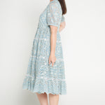 Side view of Eloise Dress in blue lace -waist-accentuating, adjustable drawstring fit-and-flare style
