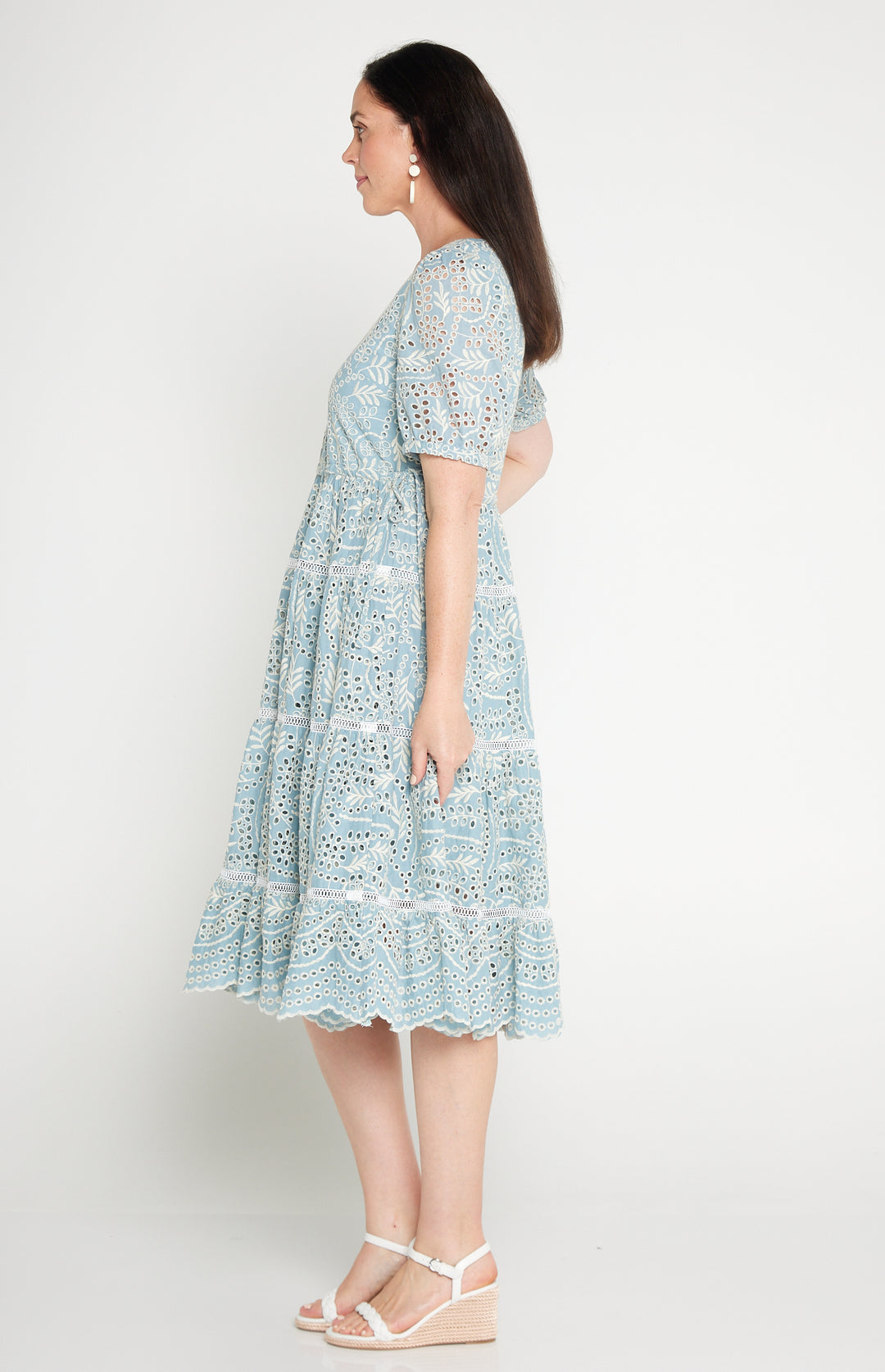Side view of Eloise Dress in blue lace -waist-accentuating, adjustable drawstring fit-and-flare style