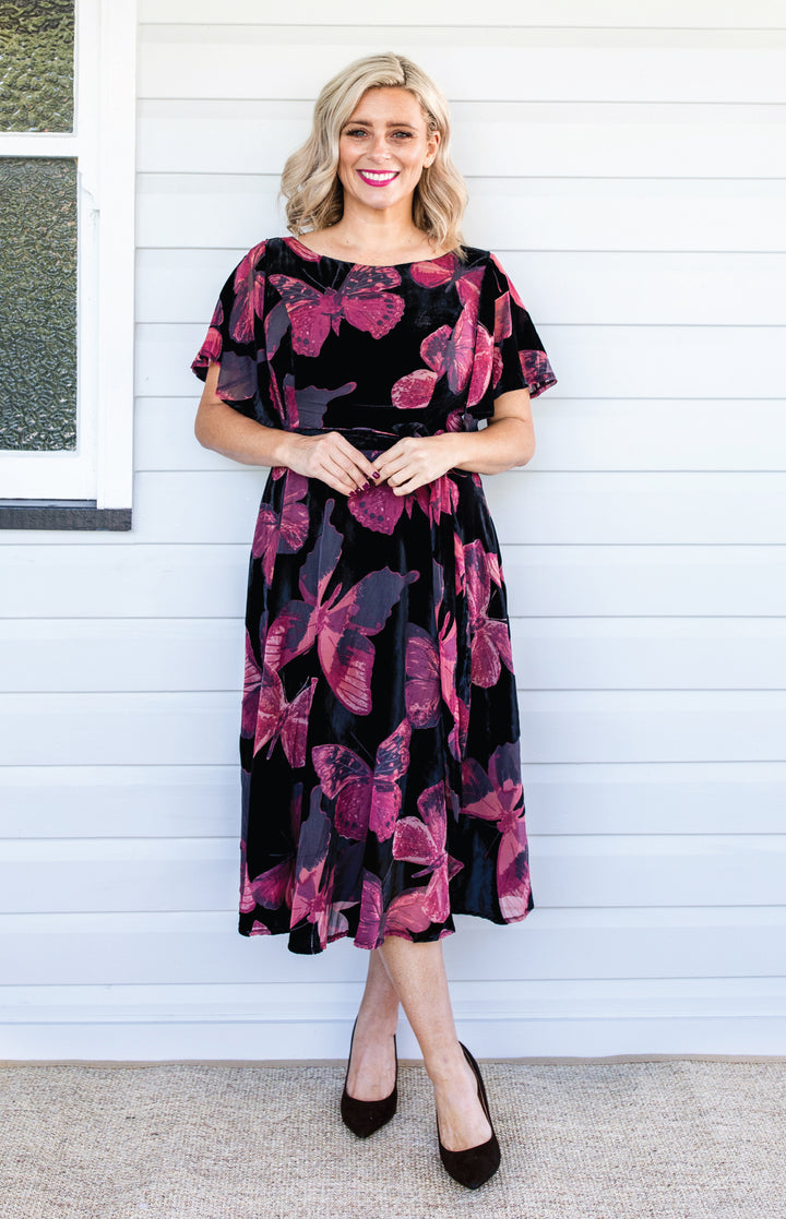 Evie Dress in butterfly velvet wine