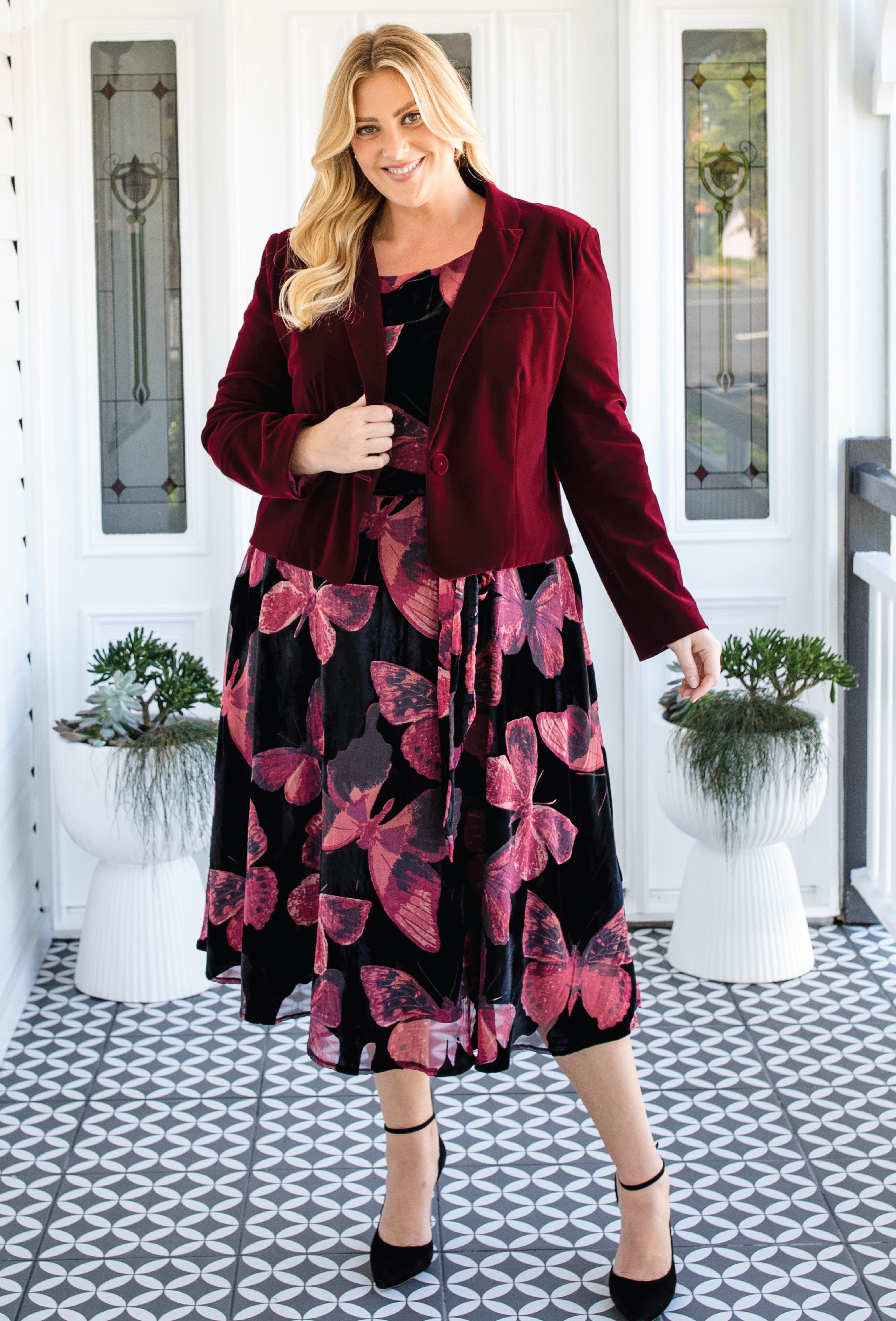 Butterfly print velvet Evie Dress in wine by Maiocchi.