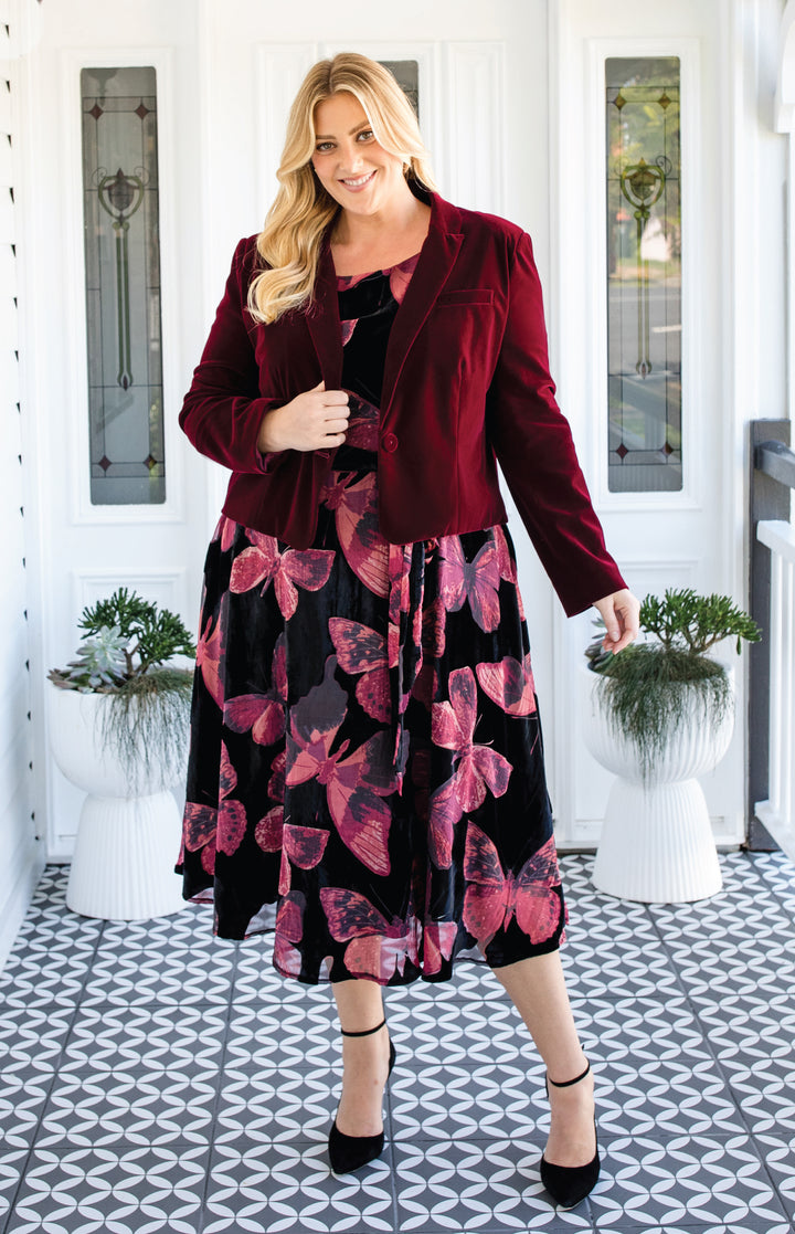 Evie Dress in butterfly velvet wine