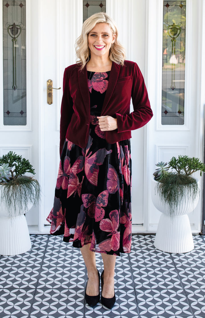 Evie Dress in butterfly velvet wine