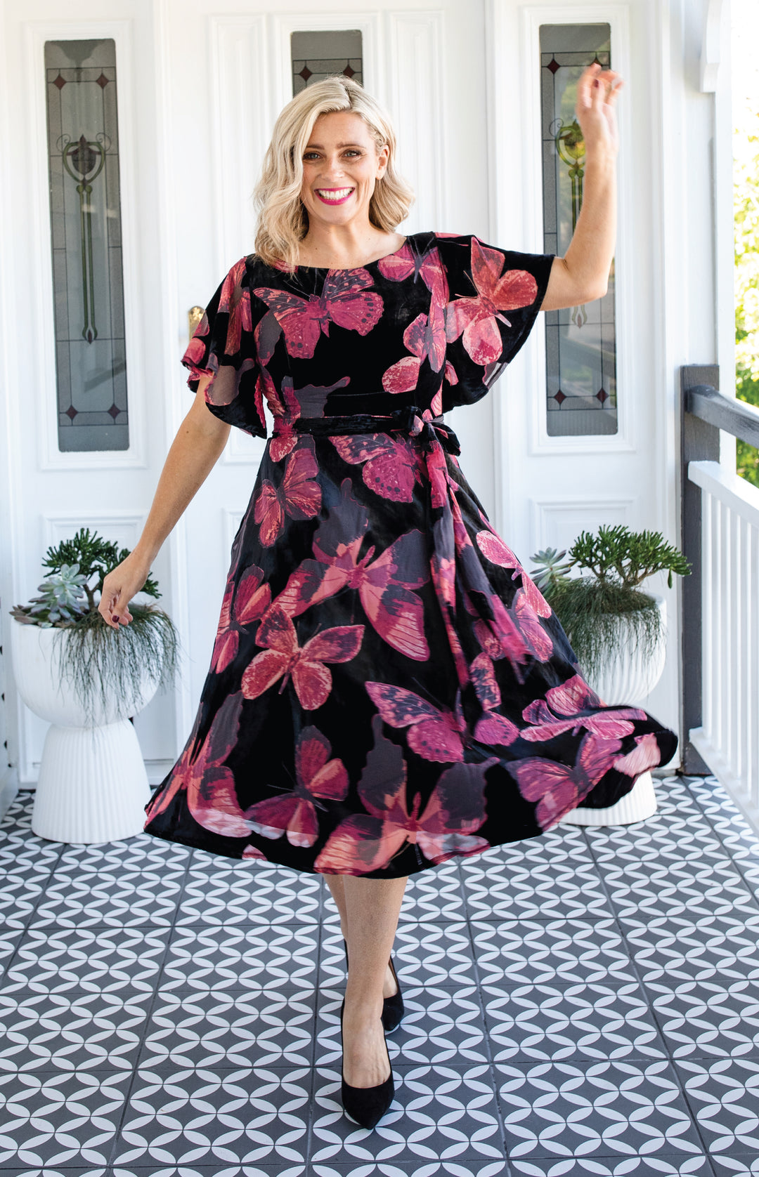 Evie Dress in butterfly velvet wine