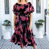 Evie Dress in butterfly velvet wine