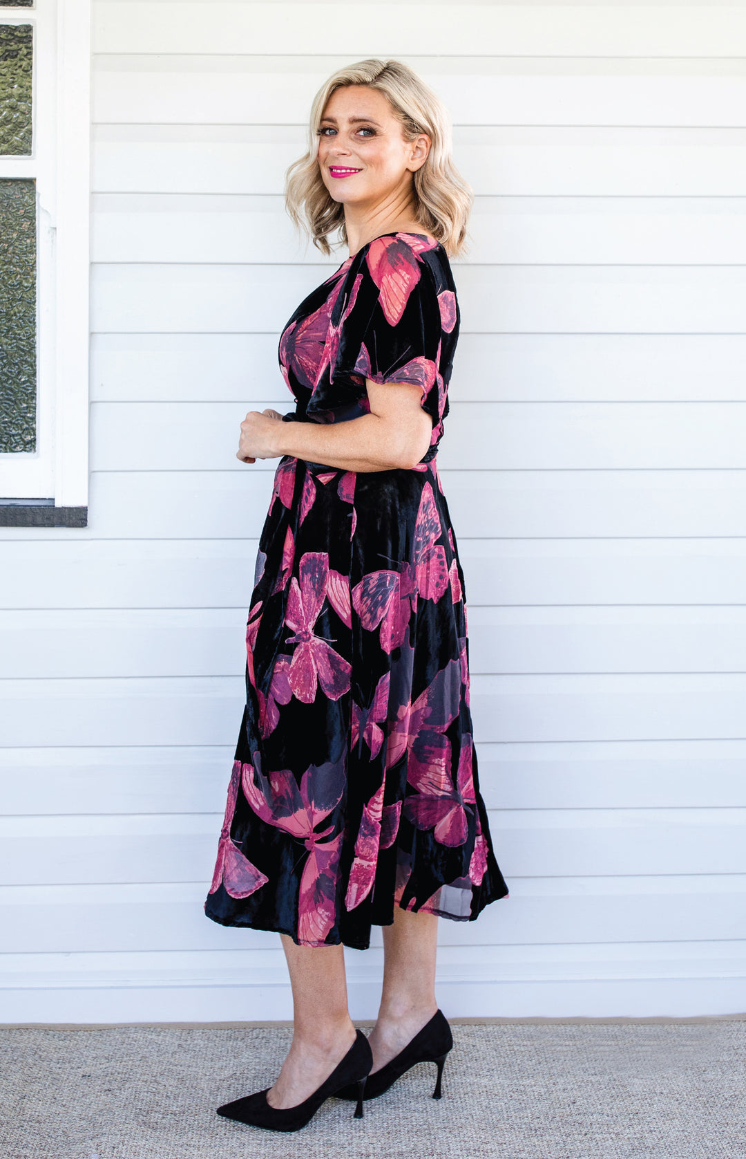 Evie Dress in butterfly velvet wine
