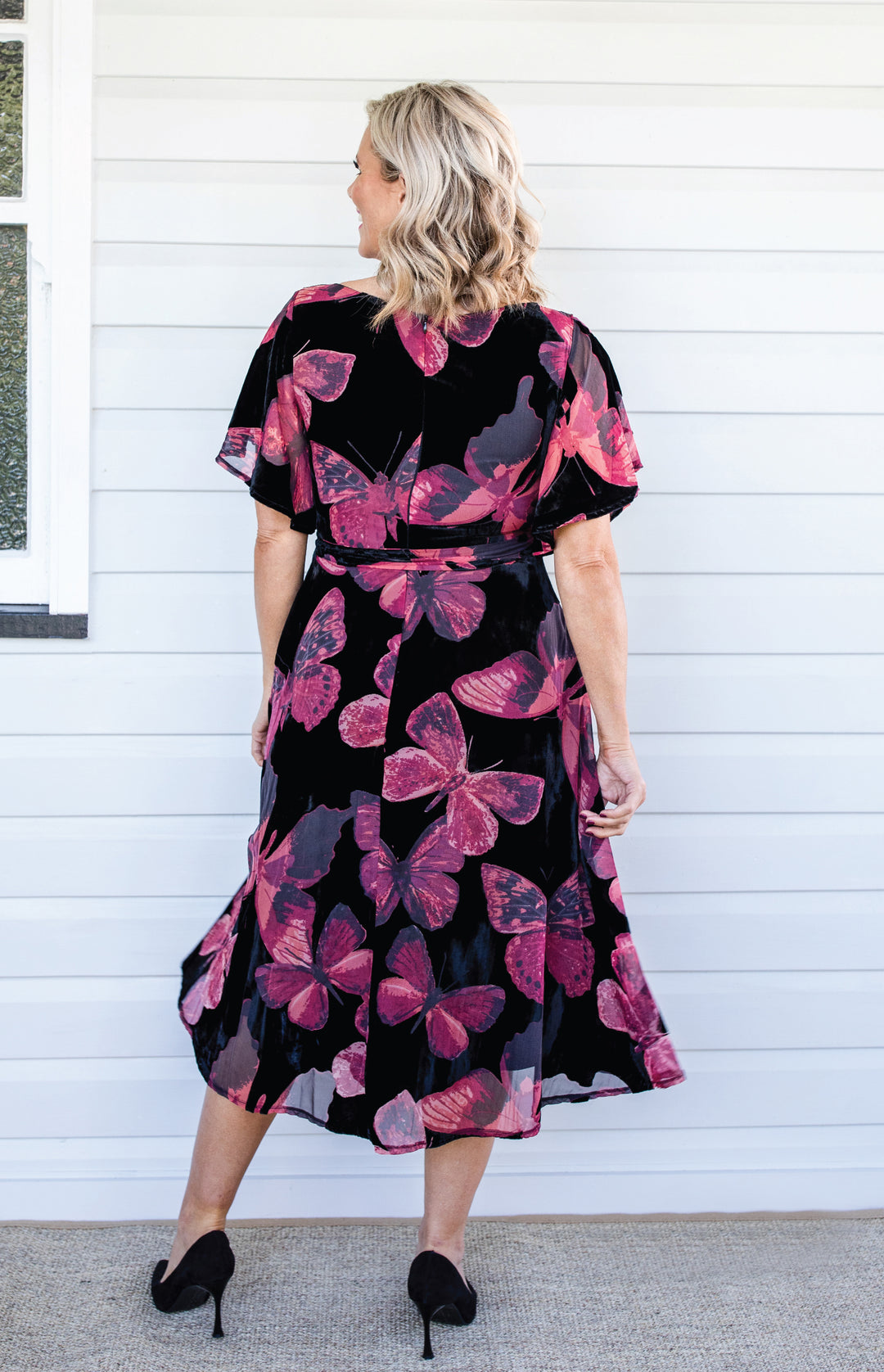 Evie Dress in butterfly velvet wine