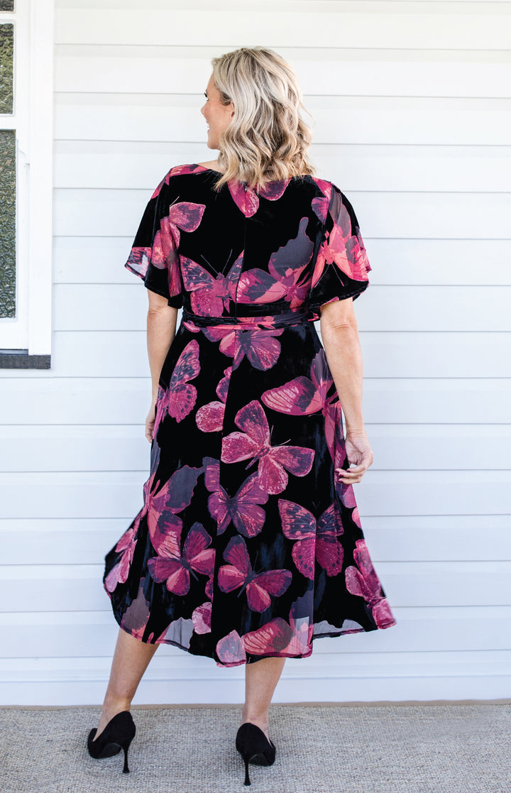 Evie Dress in butterfly velvet wine