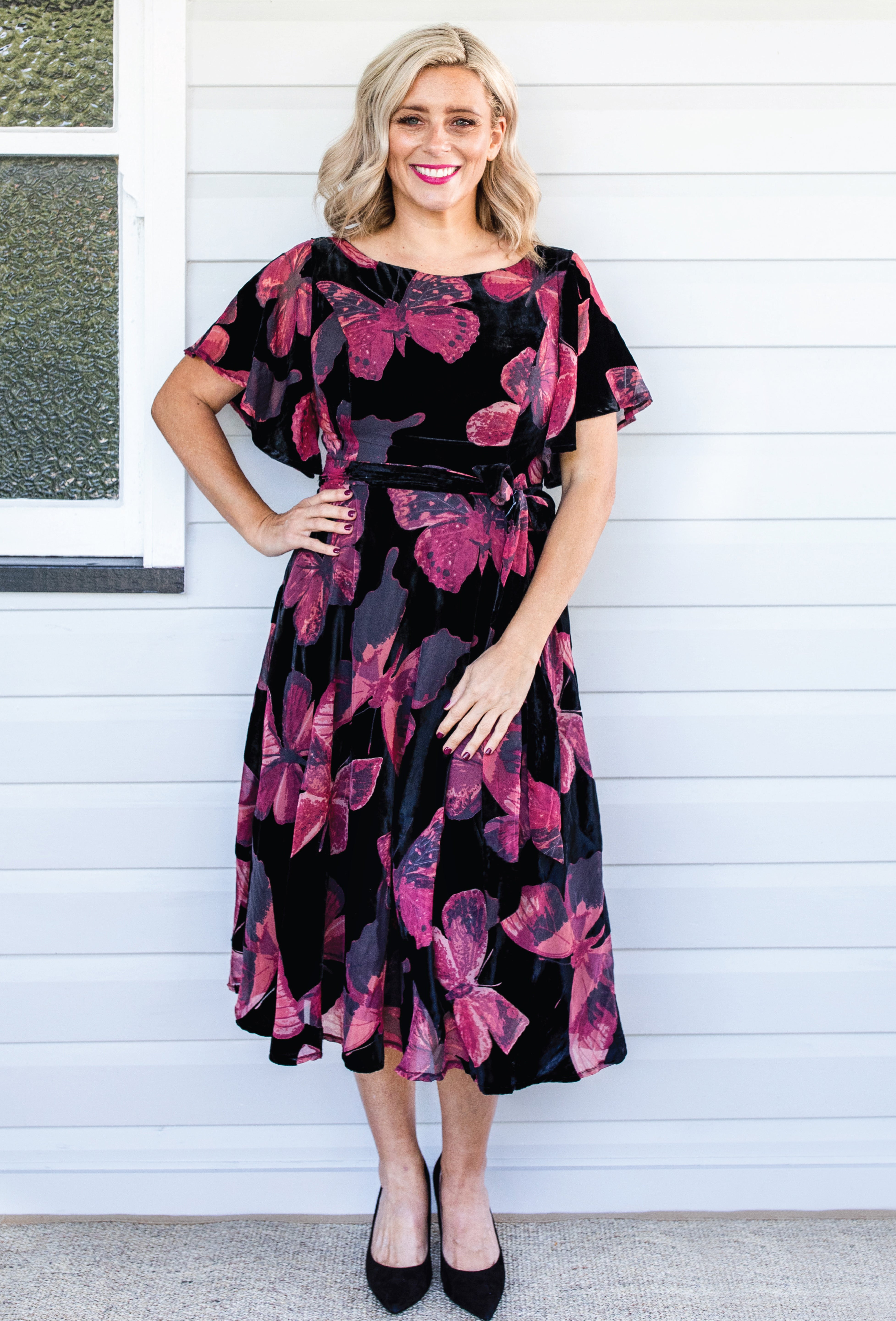 Maiocchi Evie Dress in Wine Butterfly Velvet – luxe and elegant, perfect for weddings or special occasions