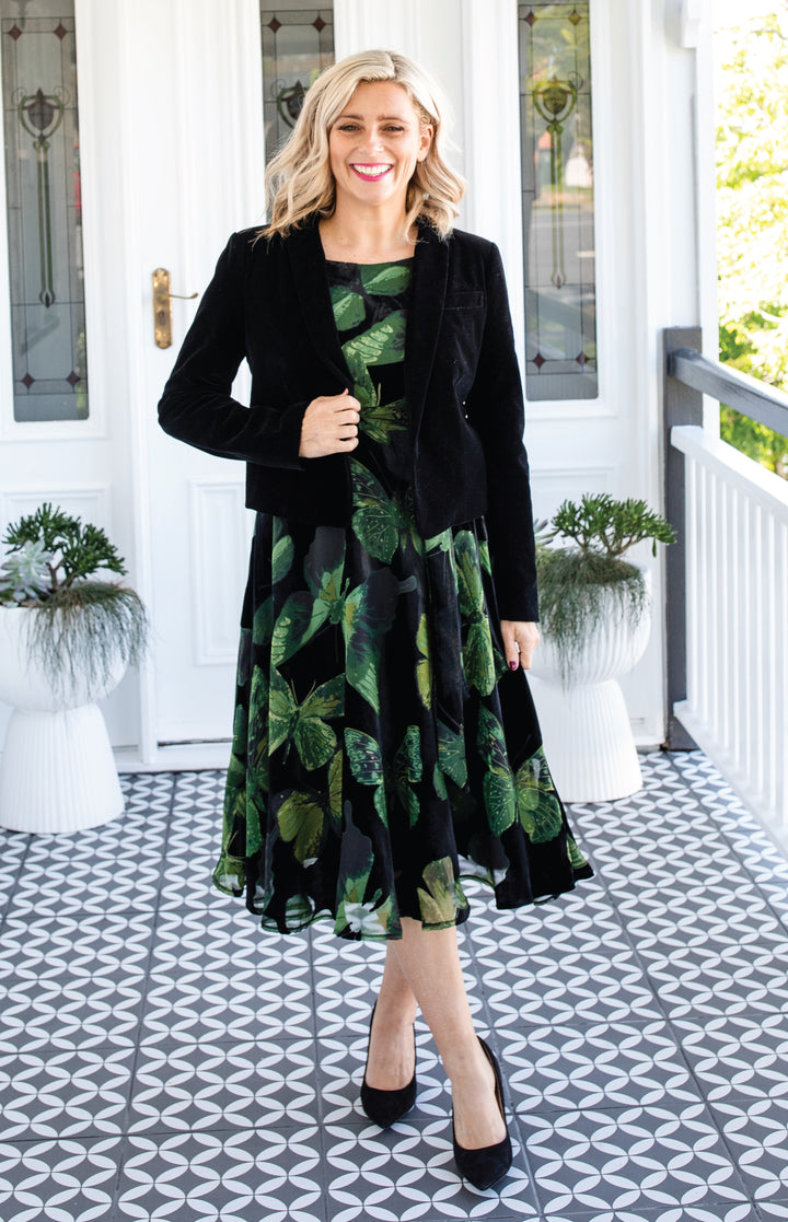 Evie Dress in butterfly velvet green