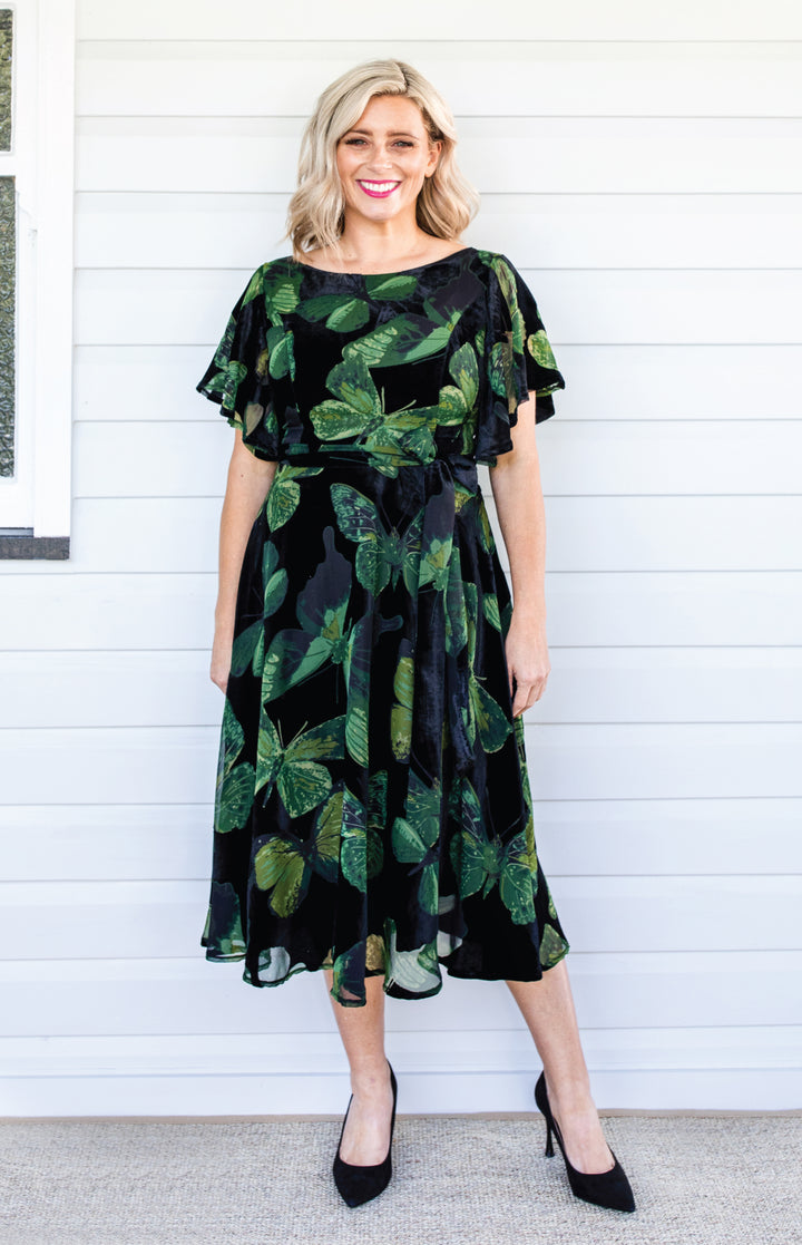 Evie Dress in butterfly velvet green
