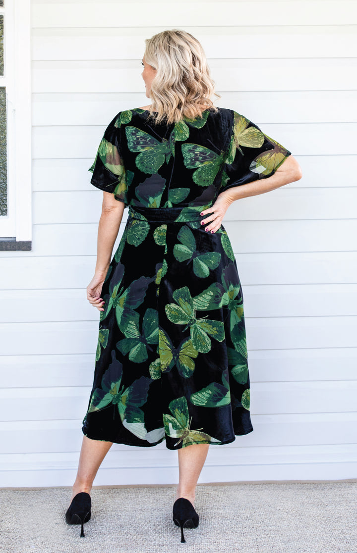 Evie Dress in butterfly velvet green