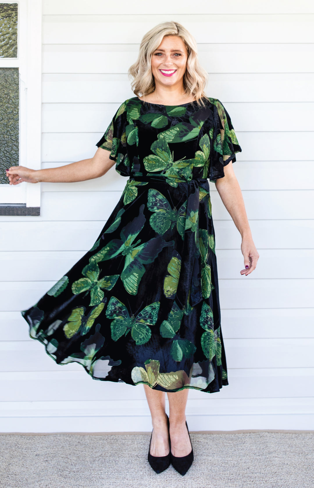 Evie Dress in butterfly velvet green