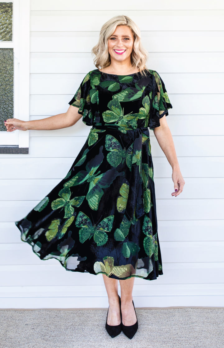 Evie Dress in butterfly velvet green