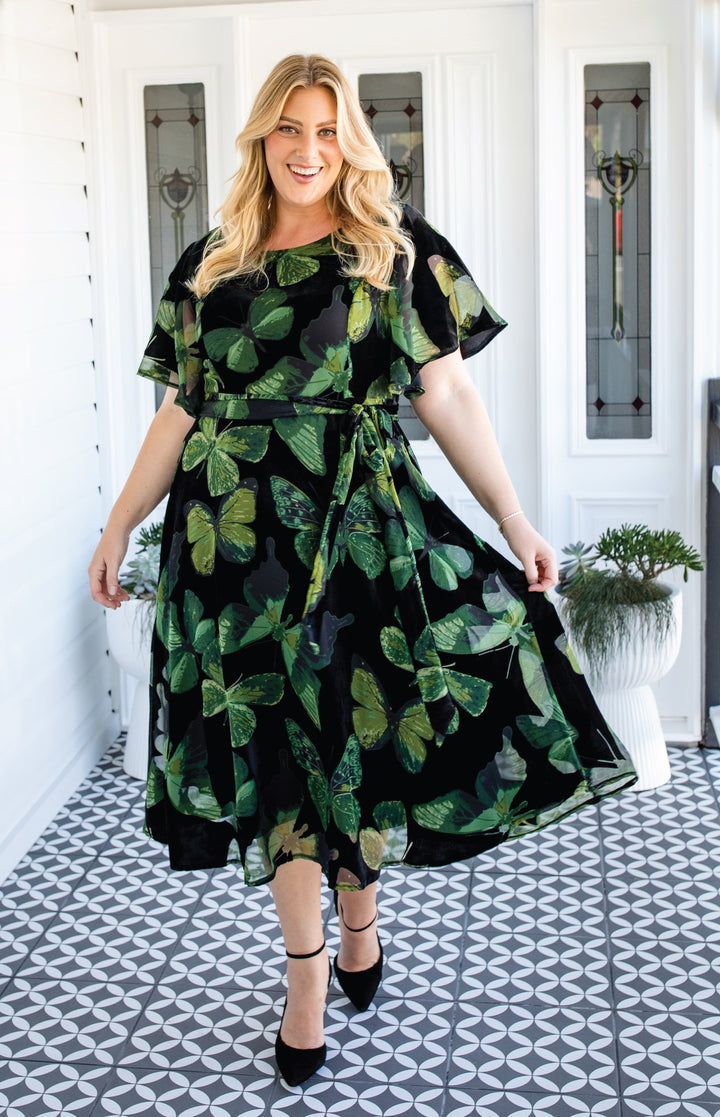 Evie Dress in butterfly velvet green