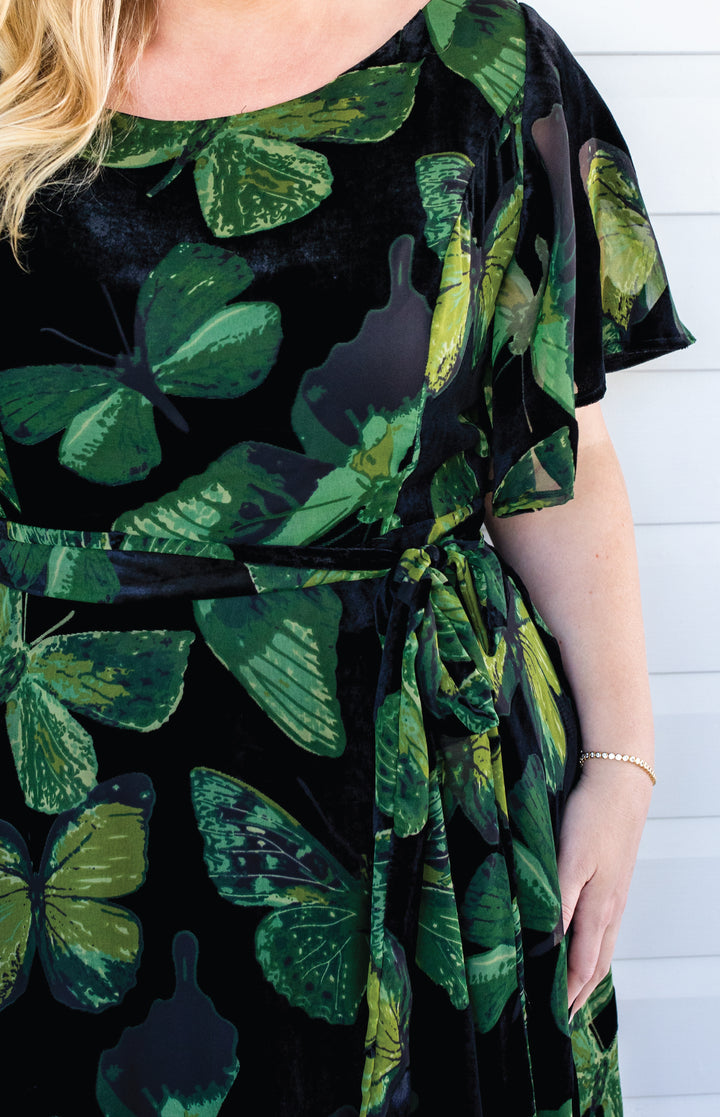 Evie Dress in butterfly velvet green