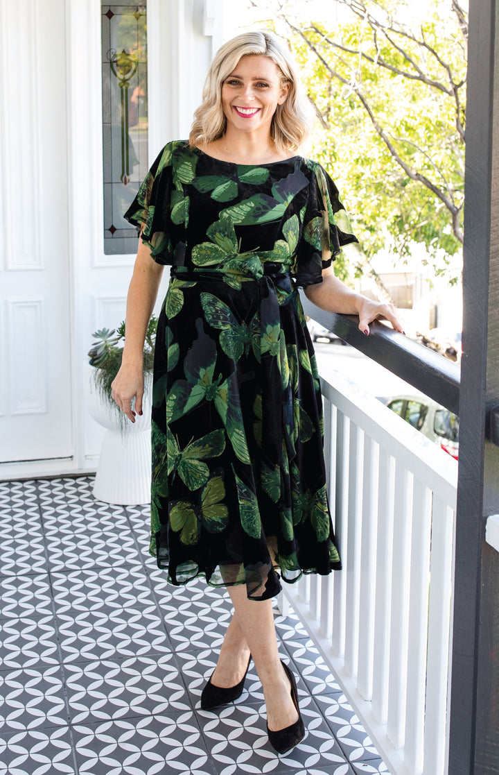 Evie Dress in butterfly velvet green