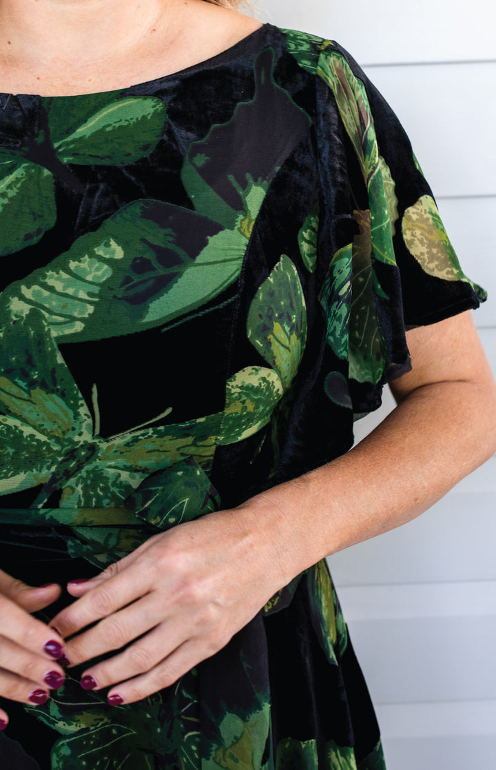Evie Dress in butterfly velvet green