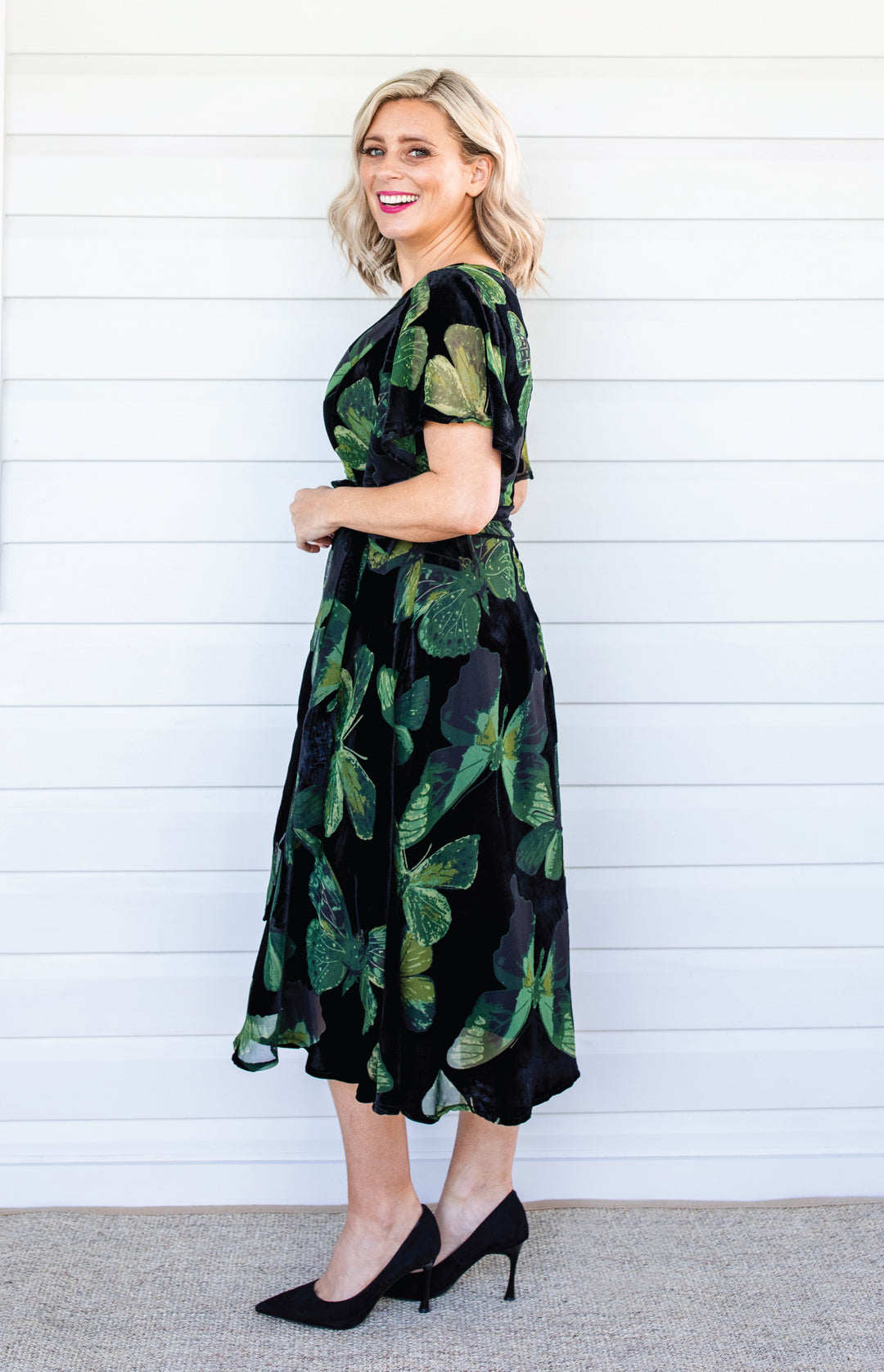Evie Dress in butterfly velvet green