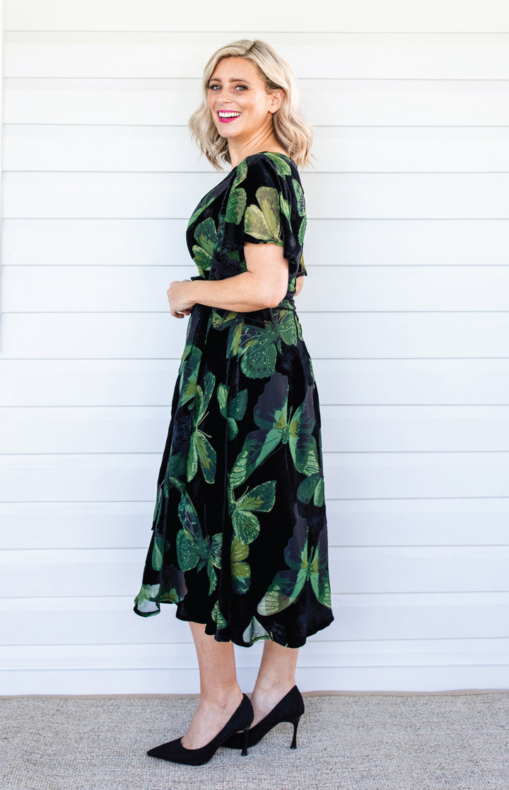 Evie Dress in butterfly velvet green