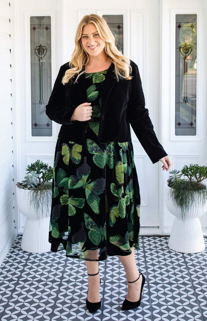 Evie Dress in butterfly velvet green