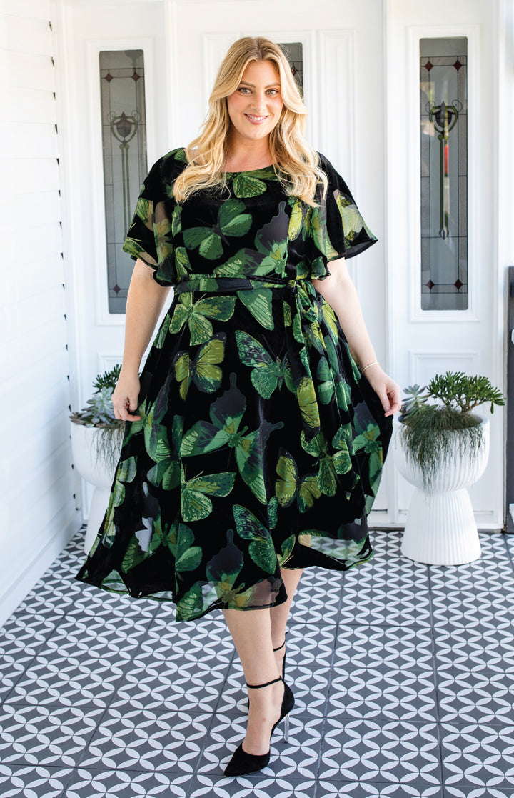 Evie Dress in butterfly velvet green