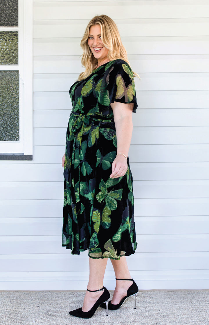 Evie Dress in butterfly velvet green