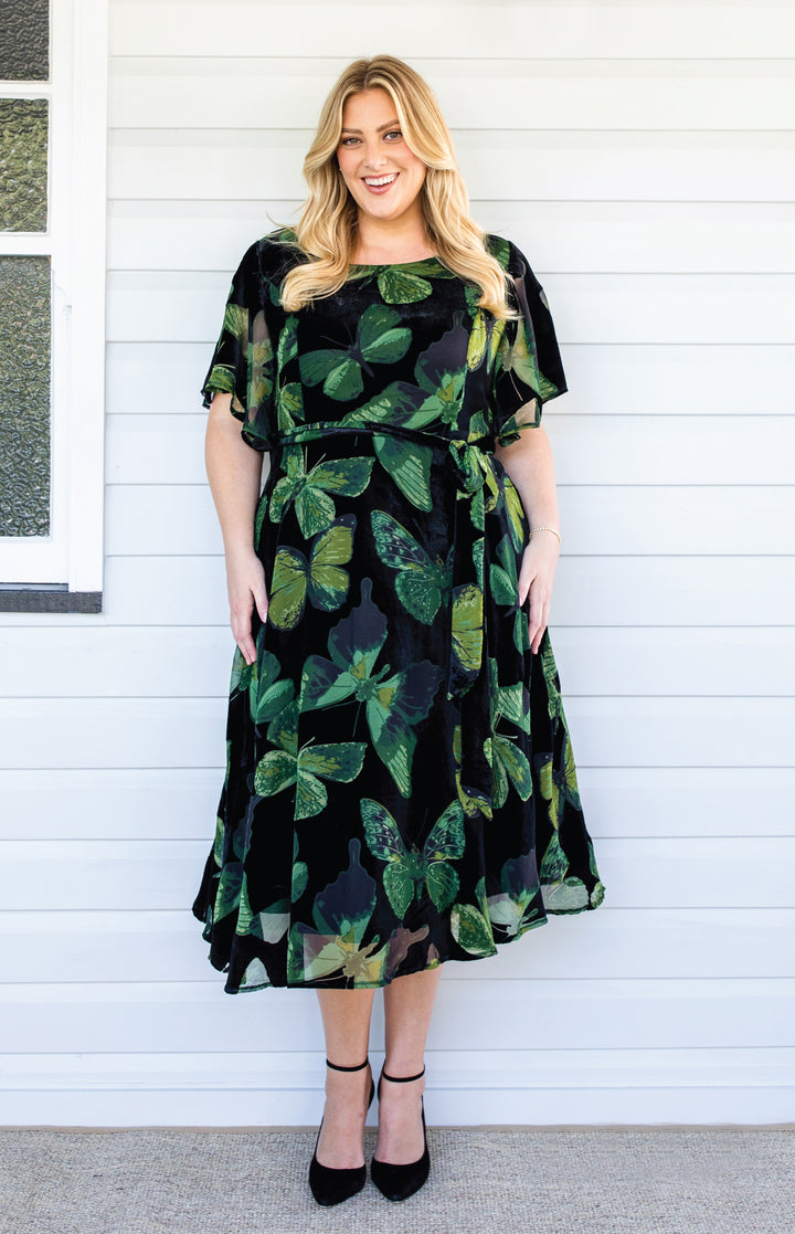 Evie Dress in butterfly velvet green
