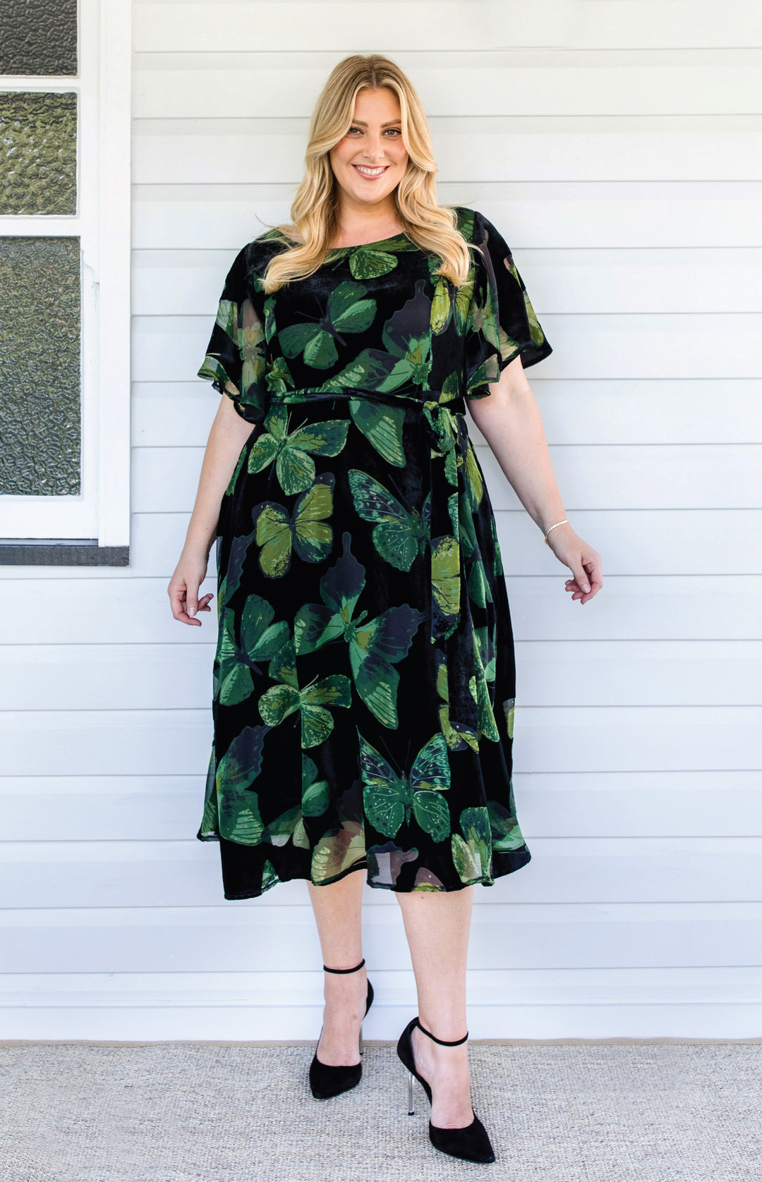 Evie Dress in butterfly velvet green