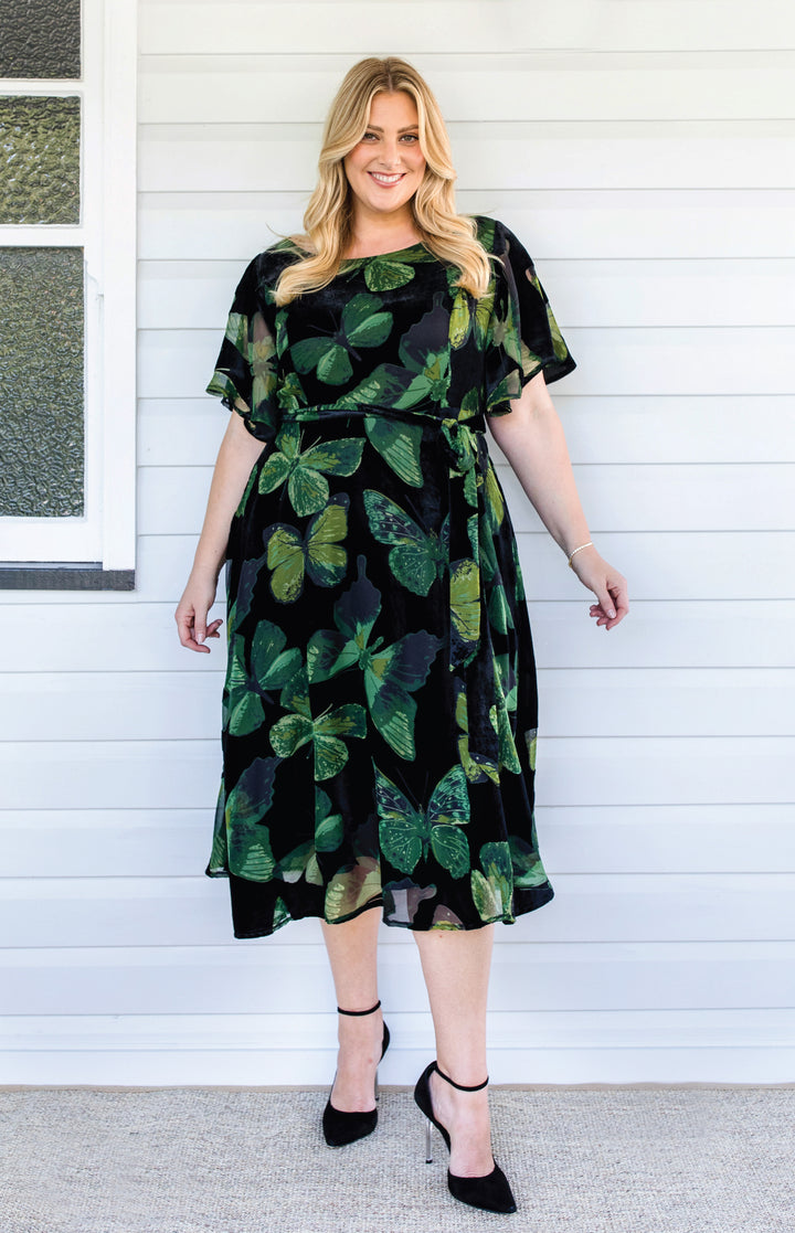 Evie Dress in butterfly velvet green