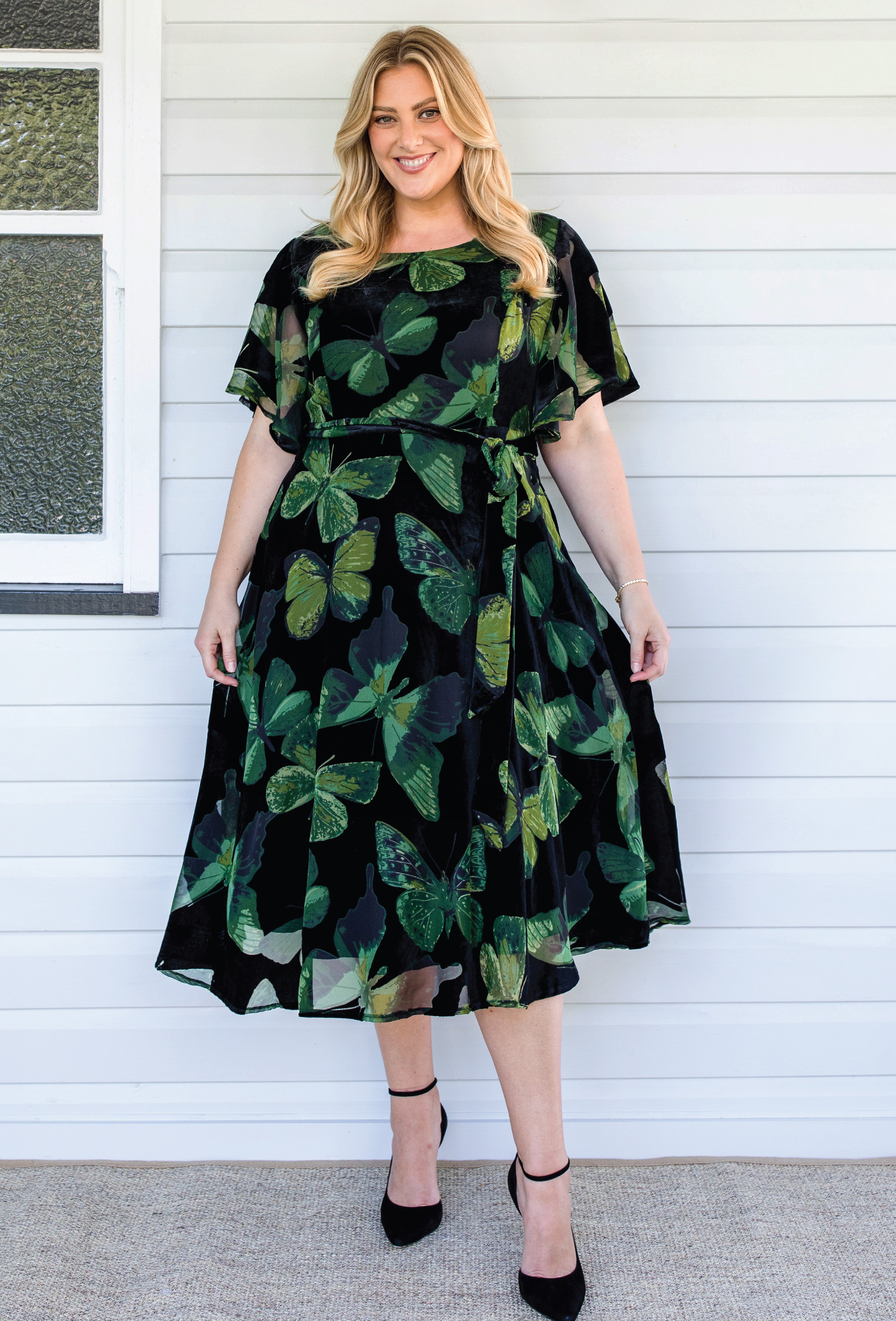 Evie Dress in Green Butterfly Velvet by Maiocchi – elegant velvet dress