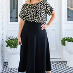 Soft thick ponte fabric detail on Favourite Skirt in black – flattering A-line cut