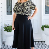 Soft thick ponte fabric detail on Favourite Skirt in black – flattering A-line cut