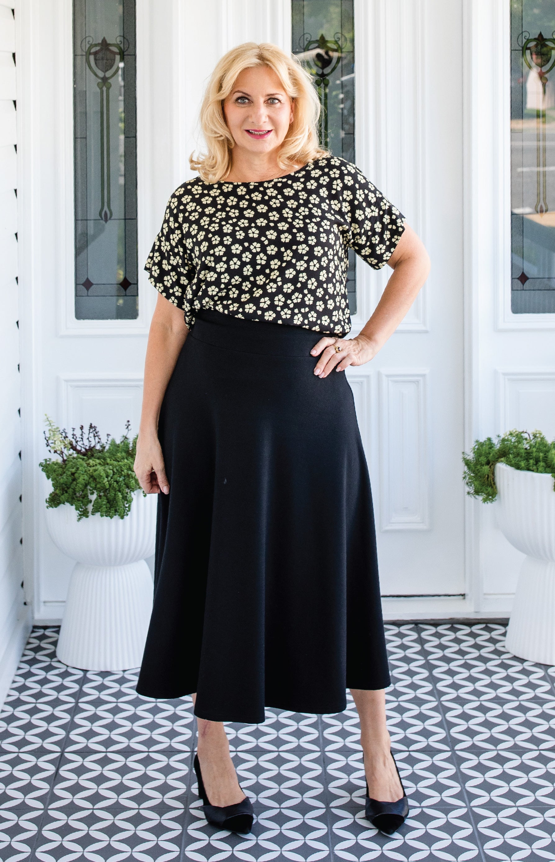 Soft thick ponte fabric detail on Favourite Skirt in black – flattering A-line cut