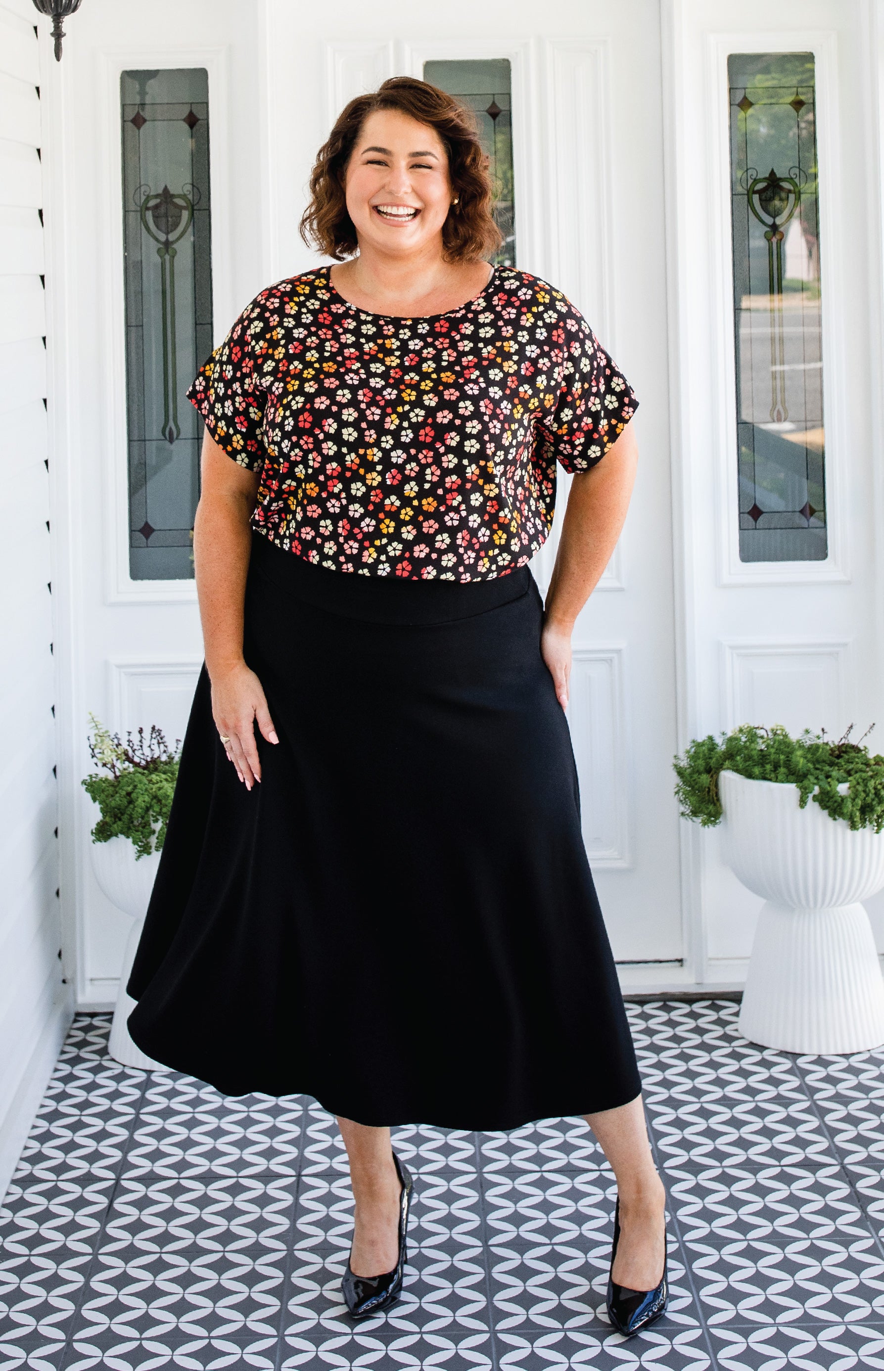 Model wearing Favourite Ponte Skirt in black - smooth over hips with comfortable waistband that holds you in