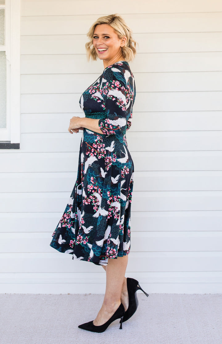 Heidi Dress in birds of a feather black