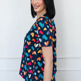 Holiday Tee V Neck in rainbow hearts
