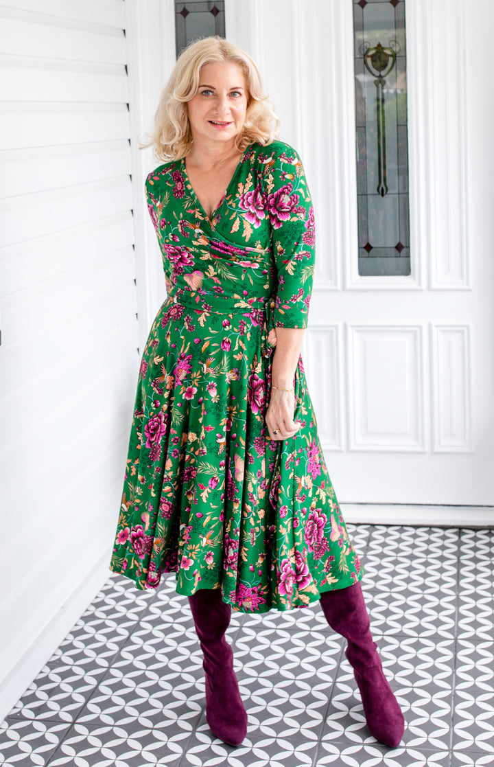 Lucinda Dress in flights of fancy green