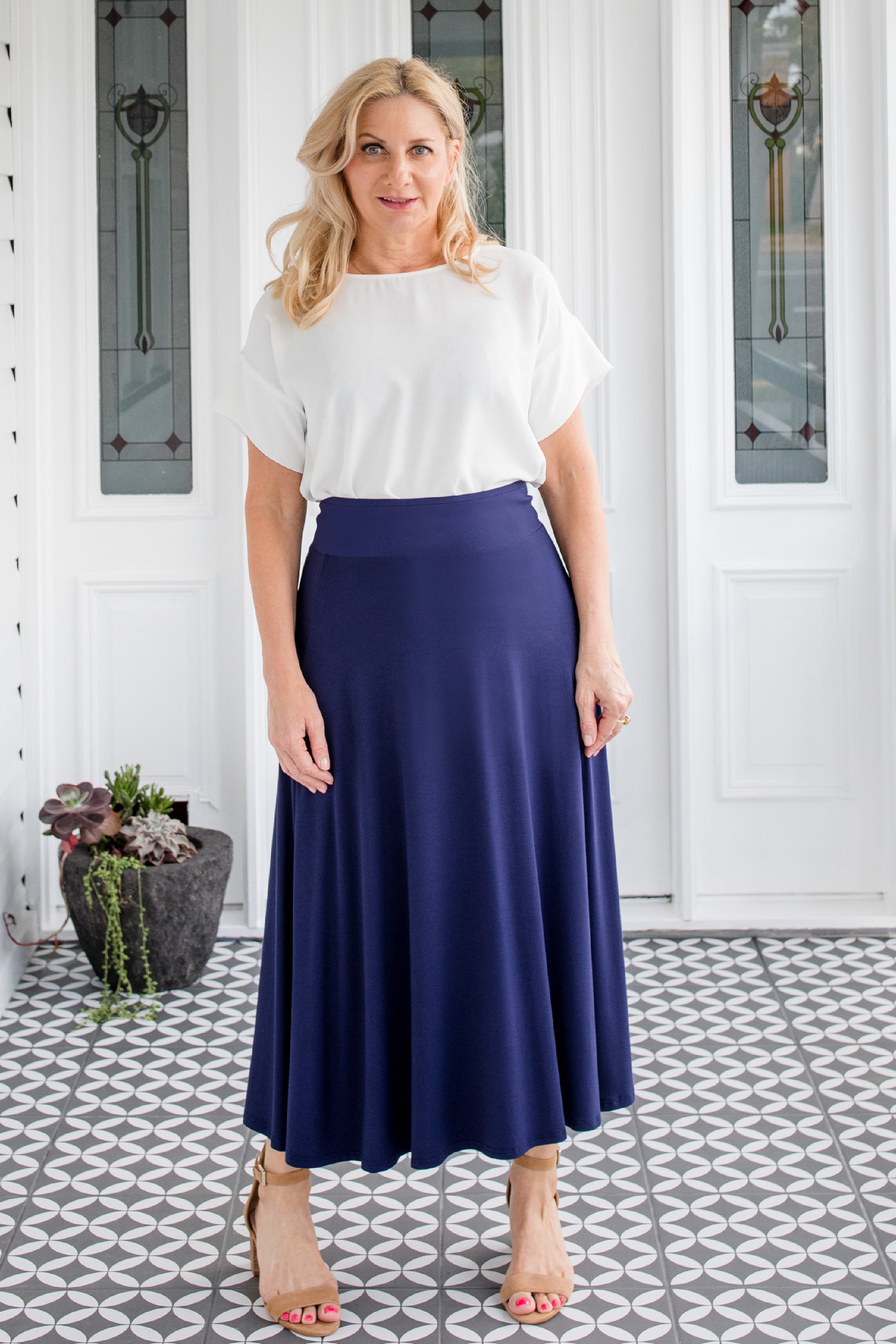 Maiocchi Bestselling Bamboo Skirt in navy - elegant A-line midi with ponte waistband