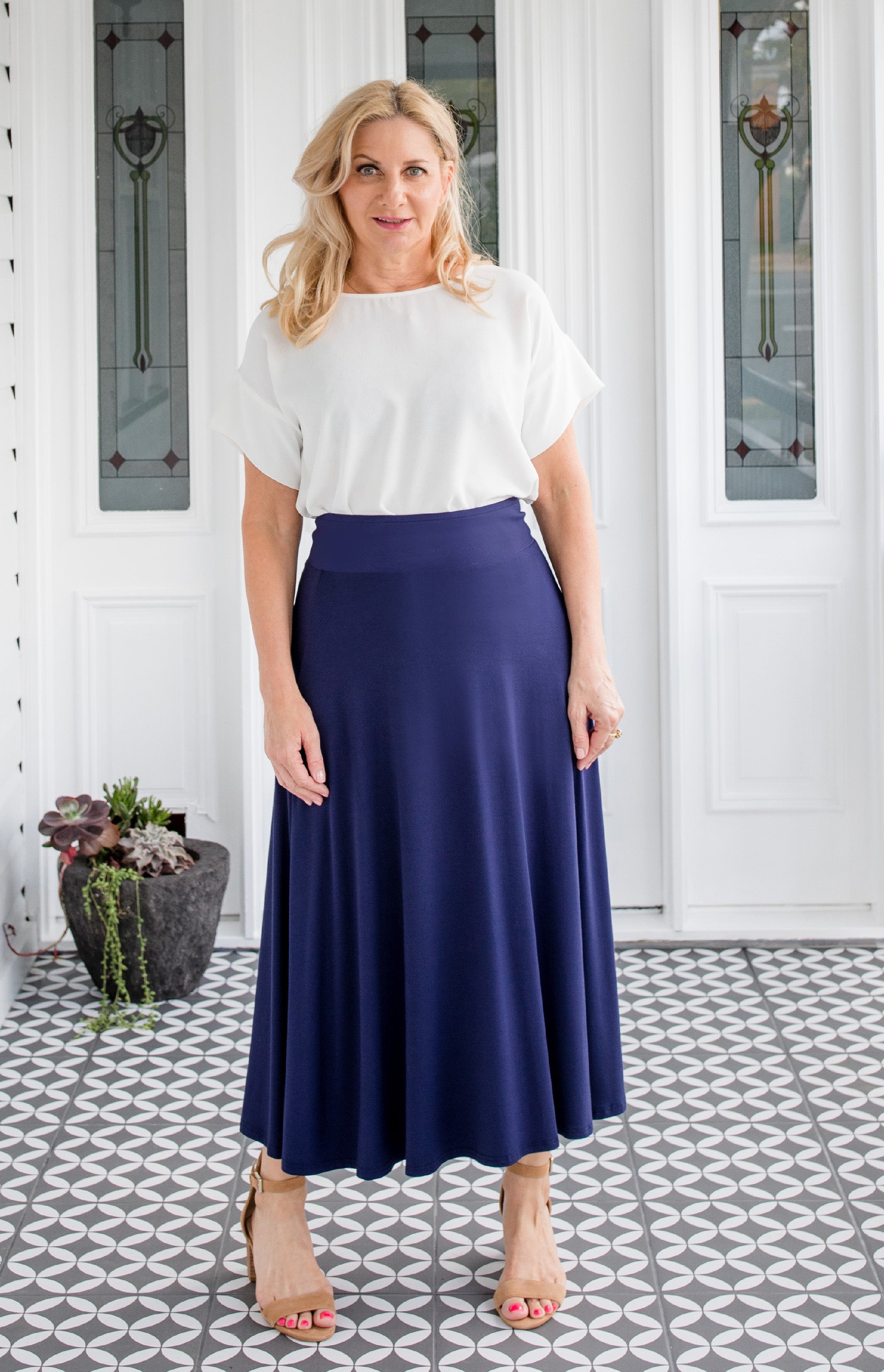 Maiocchi Bestselling Bamboo Skirt in navy - elegant A-line midi with ponte waistband